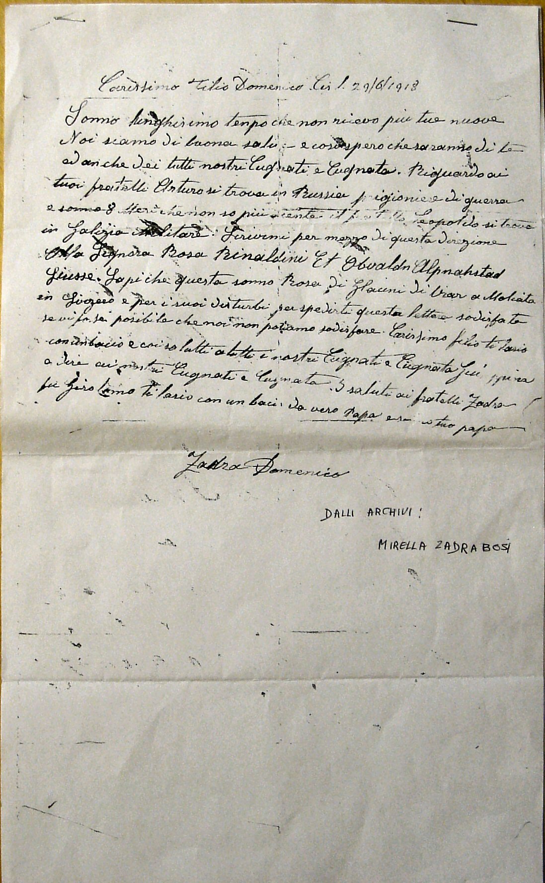 Lettera domenico zadra - 29 giugno 1918