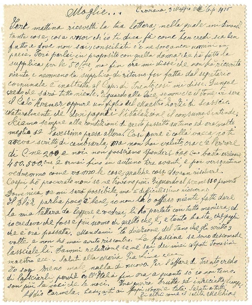 3 maggio 1915 - lettera alla moglie