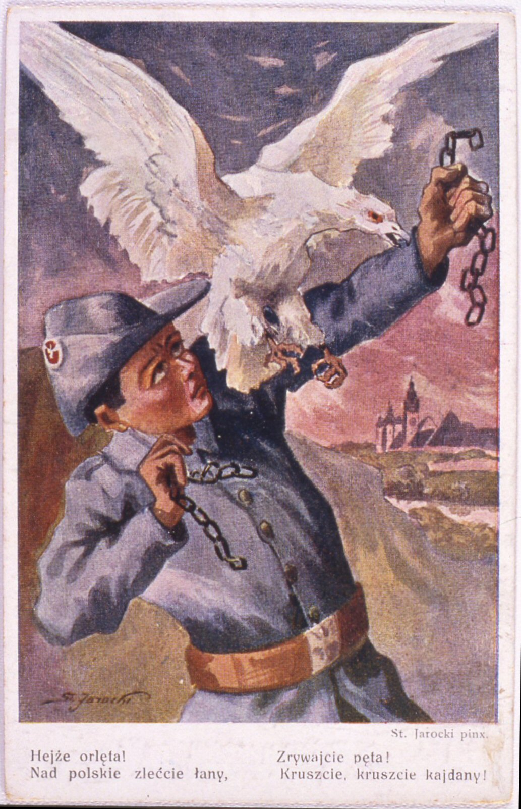 cartolina con soggetto di propaganda: rappresentazione simbolica della lotta per l'indipendenza della polonia